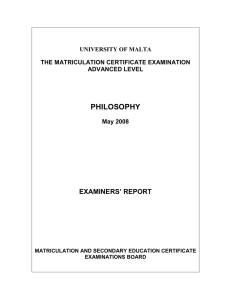 PHILOSOPHY EXAMINERS’ REPORT UNIVERSITY OF MALTA