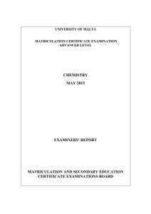 CHEMISTRY MAY 2015 EXAMINERS’ REPORT