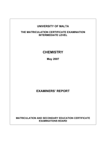 CHEMISTRY EXAMINERS’ REPORT UNIVERSITY OF MALTA