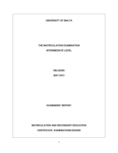 UNIVERSITY OF MALTA THE MATRICULATION EXAMINATION INTERMEDIATE LEVEL RELIGION