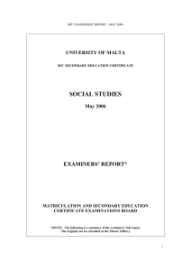 SOCIAL STUDIES  EXAMINERS’ REPORT* UNIVERSITY OF MALTA