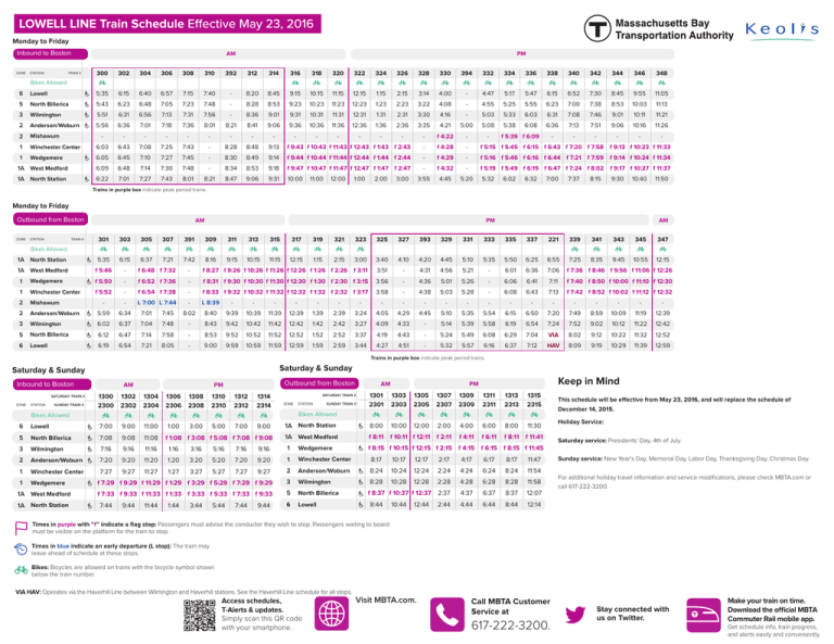 LOWELL LINE Schedule Effective May 23 2016 LOWELL LINE Train Schedule