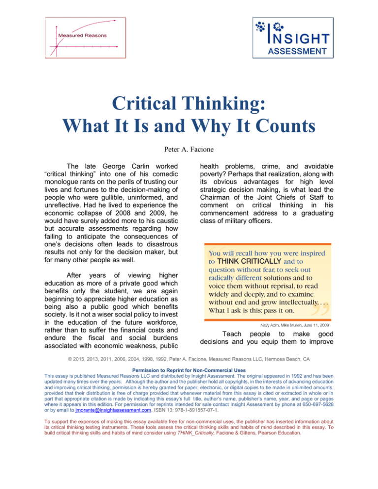 facione critical thinking what it is and why it counts