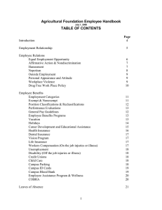 Agricultural Foundation Employee Handbook TABLE OF CONTENTS