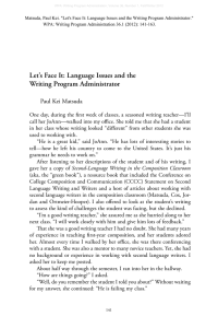 Matsuda, Paul Kei. &#34;Let's Face It: Language Issues and the...  WPA: Writing Program Administration 36.1 (2012): 141-163.