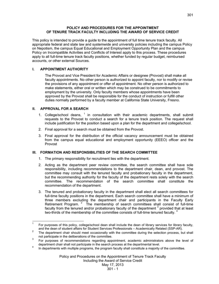 301 POLICY AND PROCEDURES FOR THE APPOINTMENT