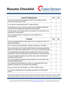 Resume Checklist Layout &amp; Appearance Yes No