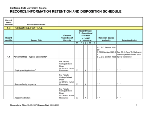 RECORDS/INFORMATION RETENTION AND DISPOSITION SCHEDULE PERSONNEL/PAYROLL 1.0 California State University, Fresno