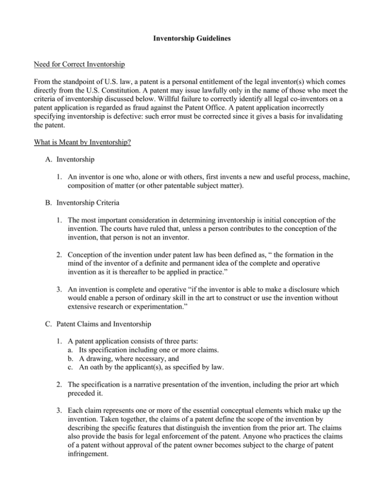 Inventorship Guidelines Need for Correct Inventorship