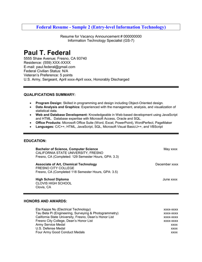 Paul T. Federal Federal Resume Sample 2 (Entrylevel Information
