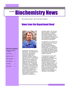 Biochemistry News News from the Department Head