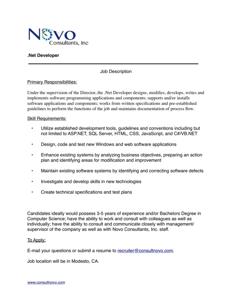 Senior Net Developer Job Description