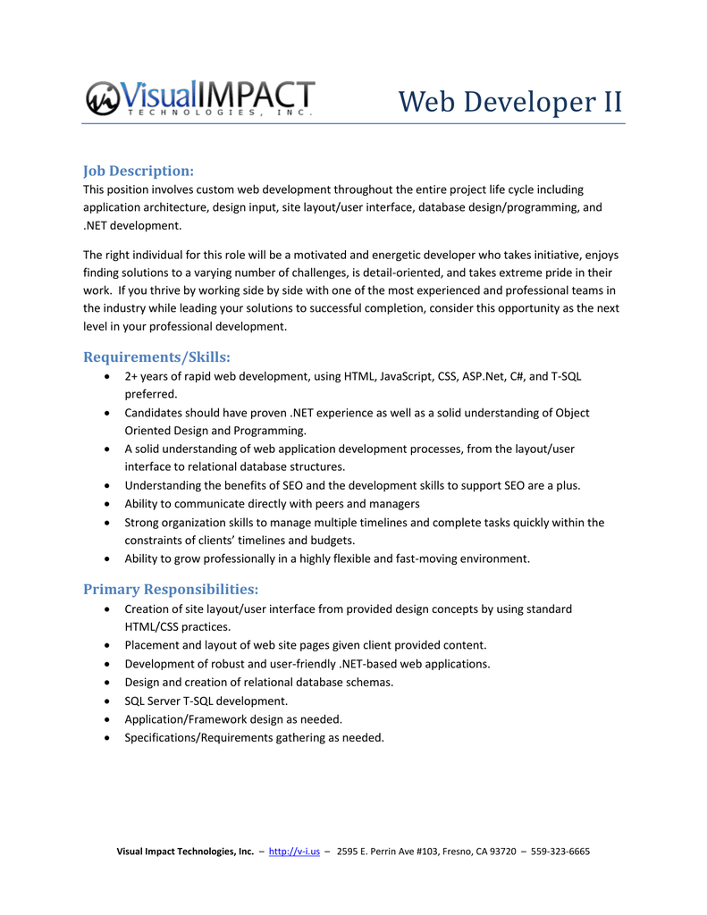 Web Developer II Job Description 