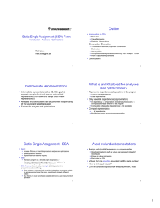 Outline Static Single Assignment (SSA) Form  Introduction to SSA