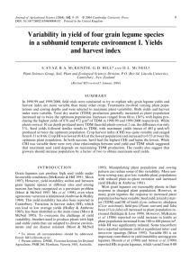 Variability in yield of four grain legume species and harvest index