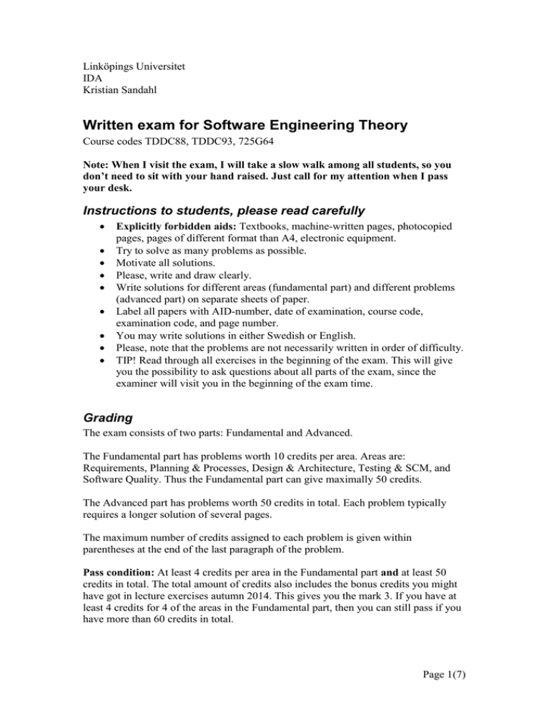 Written Exam For Software Engineering Theory