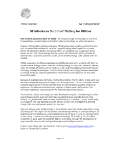 GE Introduces Durathon Battery for Utilities GE Transportation Press Release