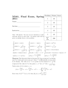 M161, Final Exam, Spring 2011 Problem Points Score 1