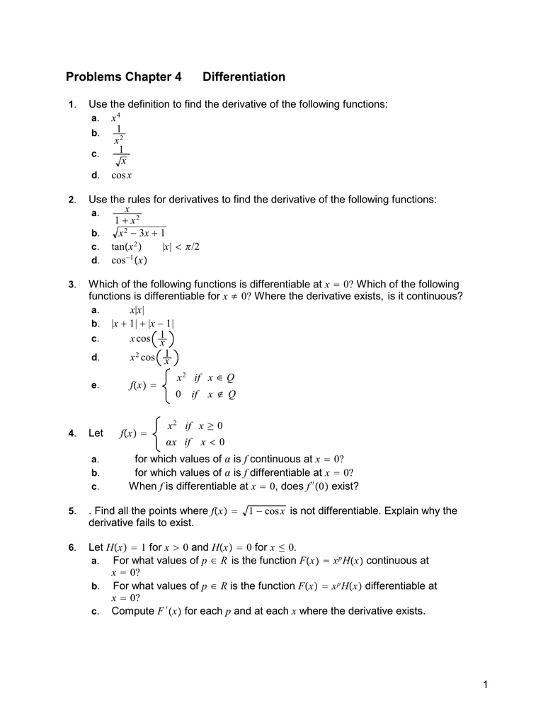 Problems Chapter 4 Differentiation