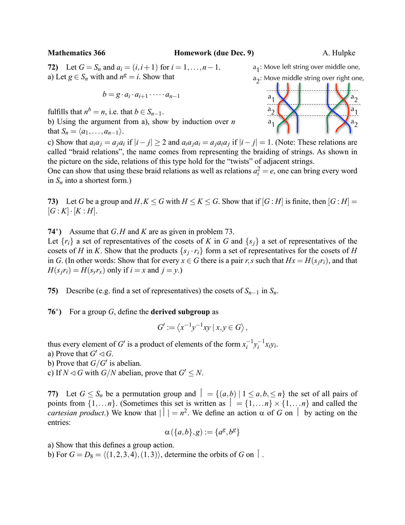 Mathematics 366 Homework Due Dec 9 72 A Hulpke