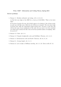 Pries: M467 - Information and Coding Theory, Spring 2013 Review problems