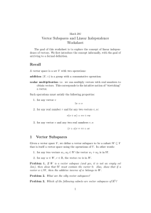 Vector Subspaces and Linear Independence Worksheet