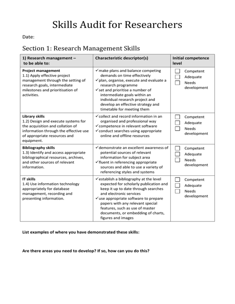 Skills Audit For Researchers Section 1 Research Management Skills