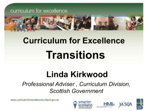 Transitions Curriculum for Excellence Linda Kirkwood Professional Adviser , Curriculum Division,