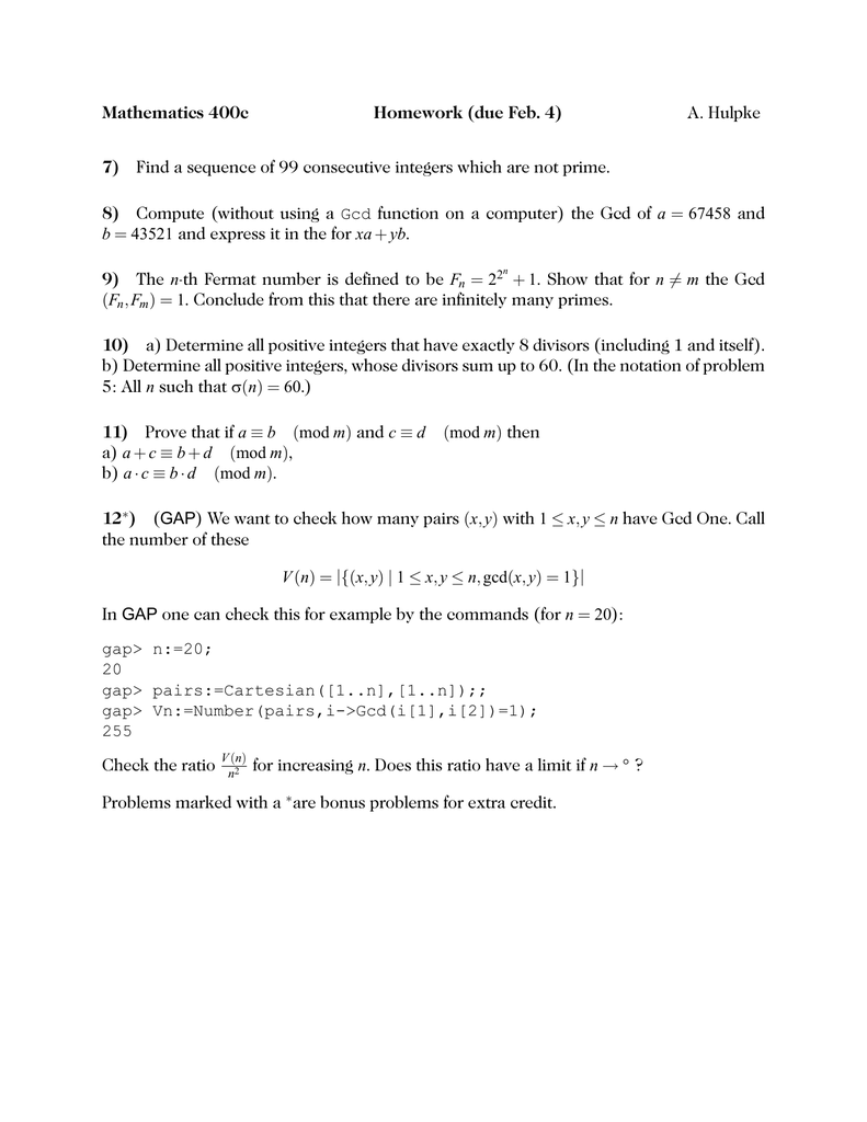 Mathematics 400c Homework Due Feb 4 7 8