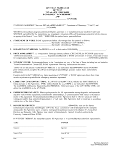 SYNTHESIS AGREEMENT BETWEEN TEXAS A&amp;M UNIVERSITY DEPARTMENT OF CHEMISTRY