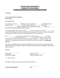 TEXAS A&amp;M UNIVERSITY  CHEMISTRY DEPARTMENT SAMPLE OF EMPLOYMENT EXTENSION LETTER