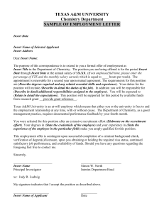 TEXAS A&amp;M UNIVERSITY Chemistry Department SAMPLE OF EMPLOYMENT LETTER