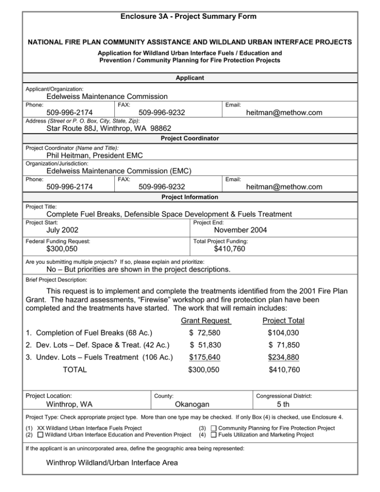 Enclosure 3A - Project Summary Form