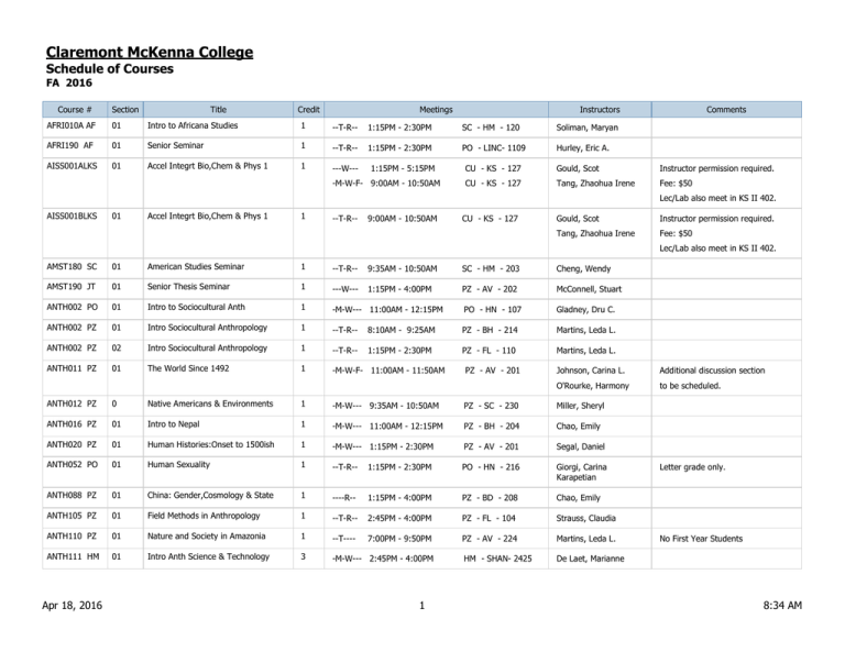 Claremont McKenna College Schedule Of Courses FA 2016 Claremont McKenna College Schedule Of Courses FA 2016
