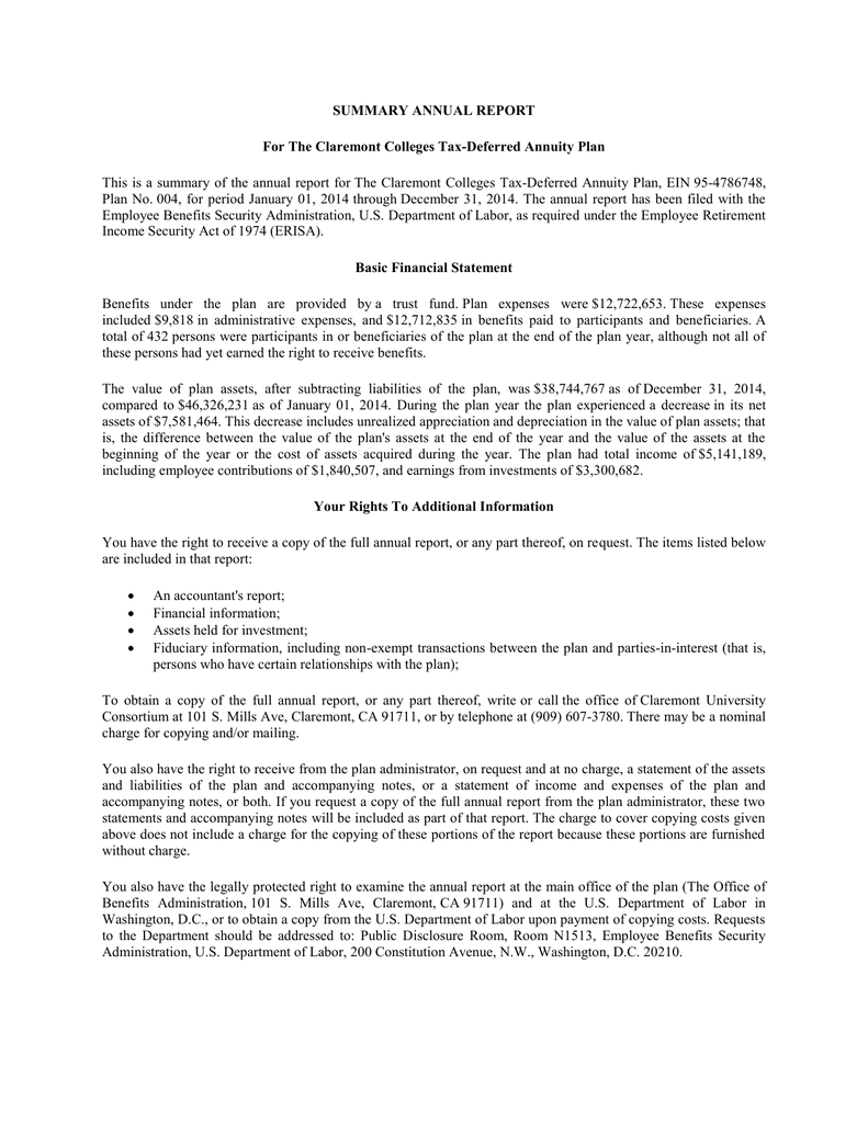 SUMMARY ANNUAL REPORT For The Claremont Colleges Tax-Deferred