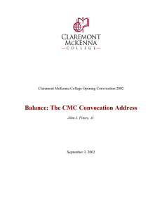 Balance: The CMC Convocation Address  Claremont McKenna College Opening Convocation 2002