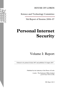 Personal Internet Security Volume I: Report HOUSE OF LORDS