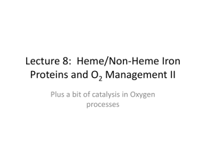 Lecture 8:  Heme/Non‐Heme Iron  Proteins and O Management II Plus a bit of catalysis in Oxygen 