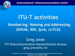 ITU-T activities Numbering, Naming and Addressing (ENUM, IDN, Ipv6, ccTLD) Greg Jones