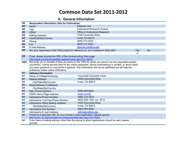 Common Data Set 20112012 A. General Information
