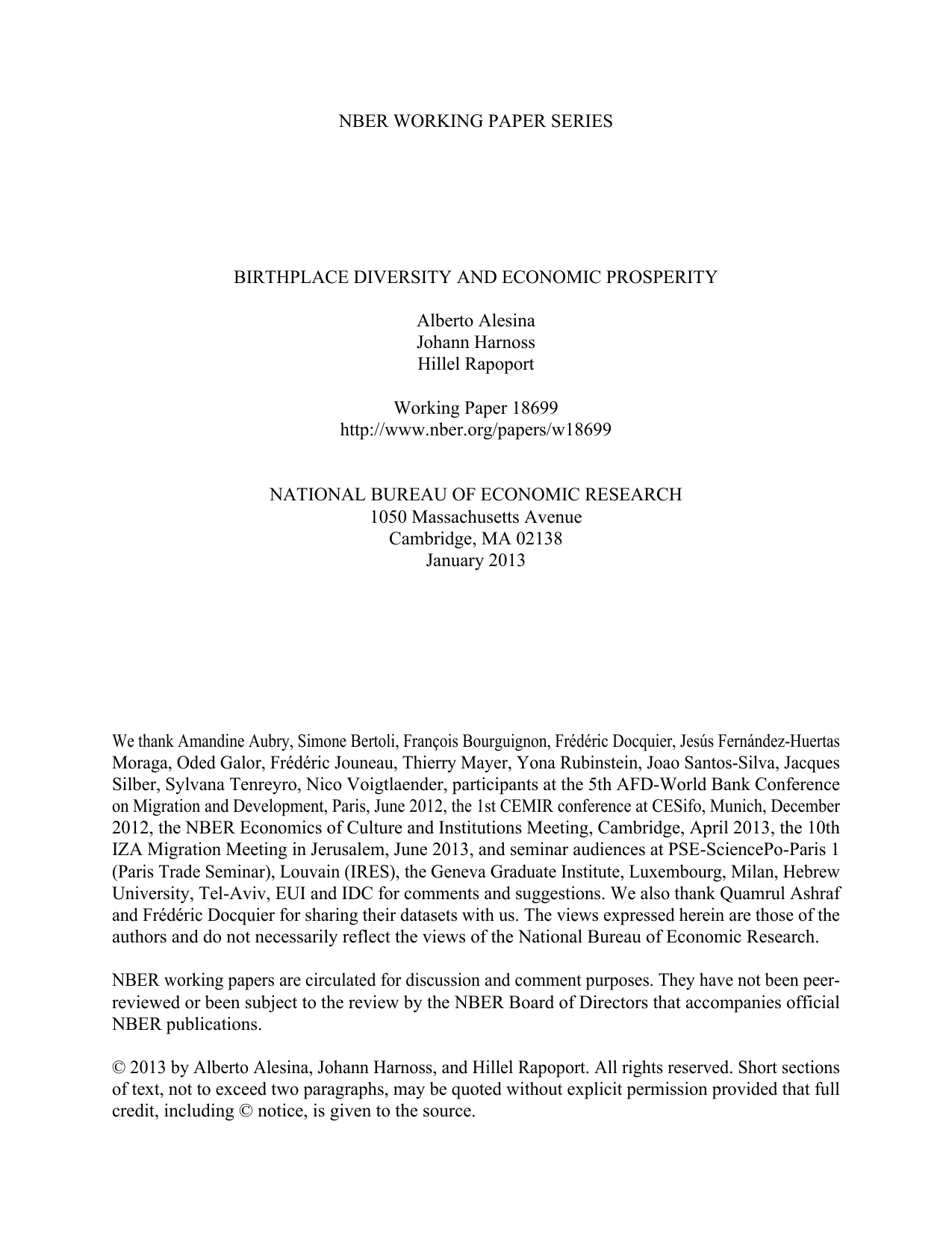 NBER WORKING PAPER SERIES BIRTHPLACE DIVERSITY AND ECONOMIC PROSPERITY ...