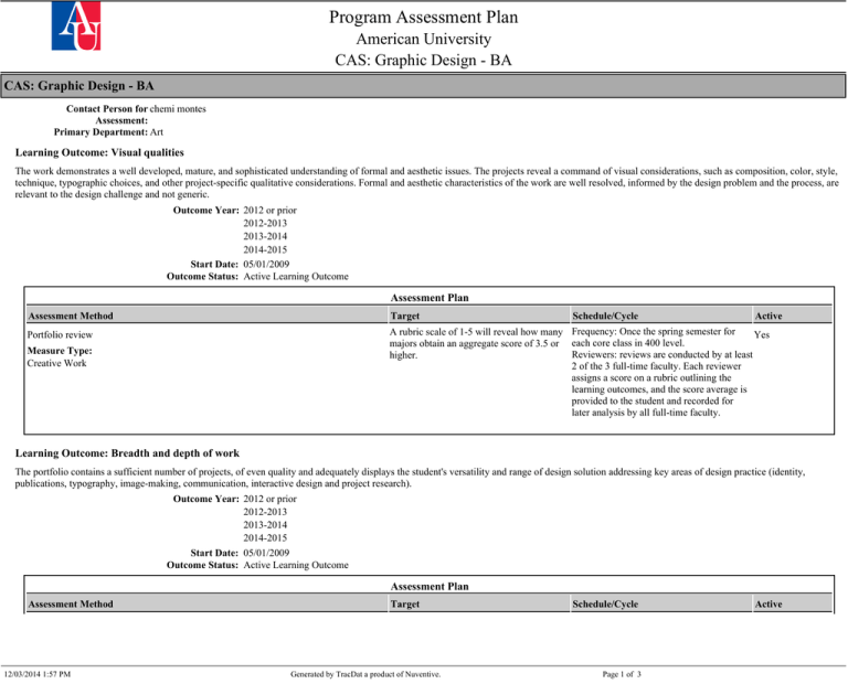 Program Analysis Plan Program Assessment Plan American University CAS: Graphic Design - BA
