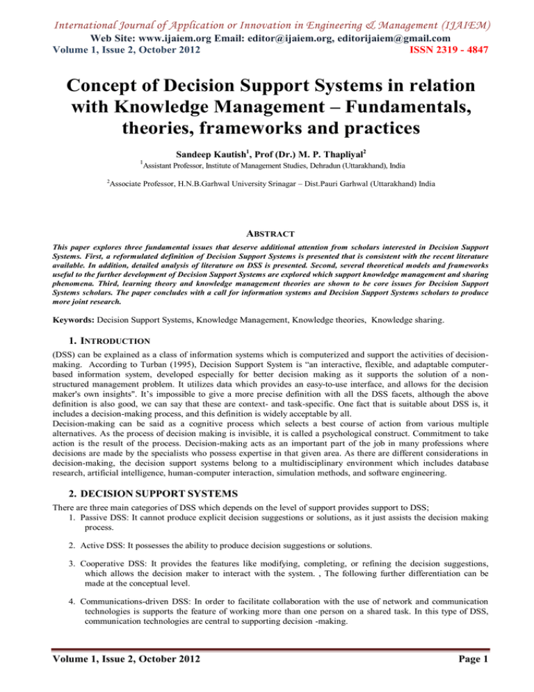 Concept Of Decision Support Systems In Relation Theories, Frameworks ...