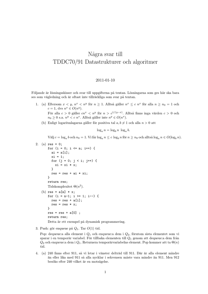 N A Gra Svar Till Tddc70 91 Datastrukturer Och Algoritmer