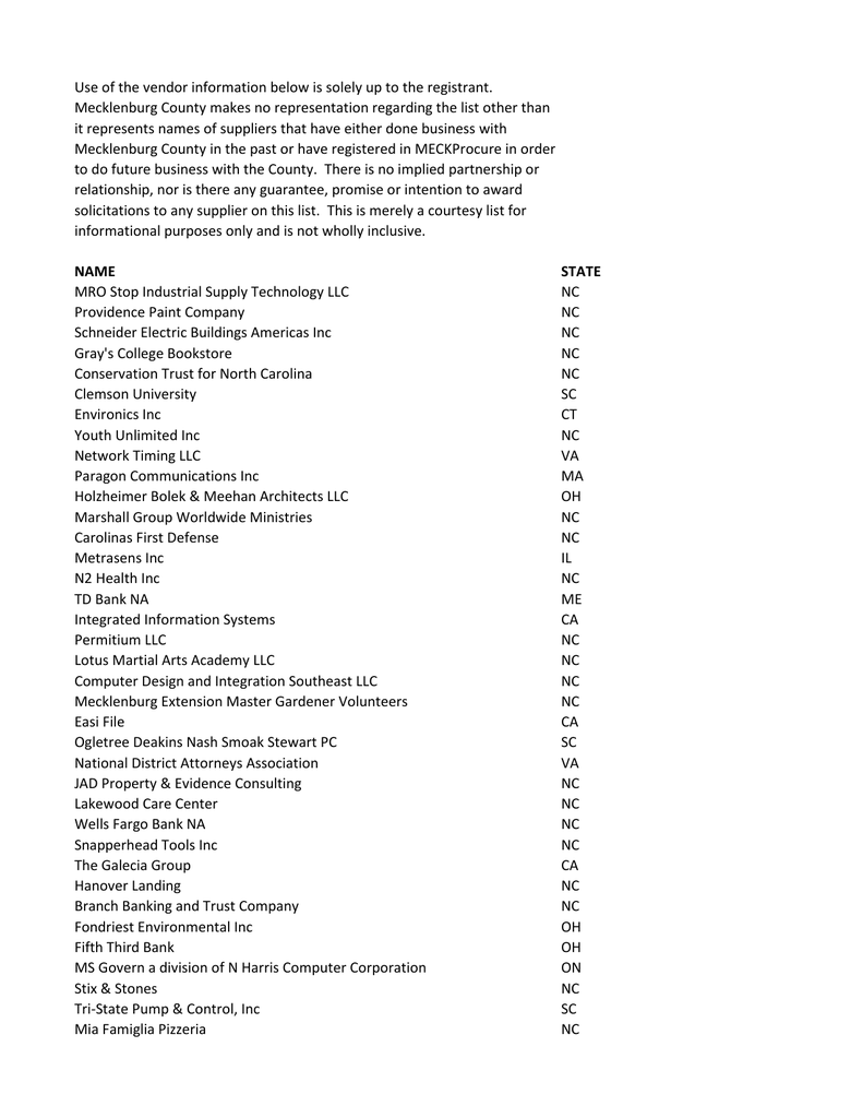 Use Of The Vendor Information Below Is Solely Up To Mecklenburg - use of the vendor information below is solely up to mecklenburg county makes no representation regarding the list other than