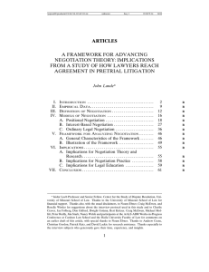 ARTICLES A FRAMEWORK FOR ADVANCING NEGOTIATION THEORY: IMPLICATIONS