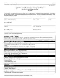 Application for Early Entrance to Kindergarten Program Preschool Teacher Questionnaire