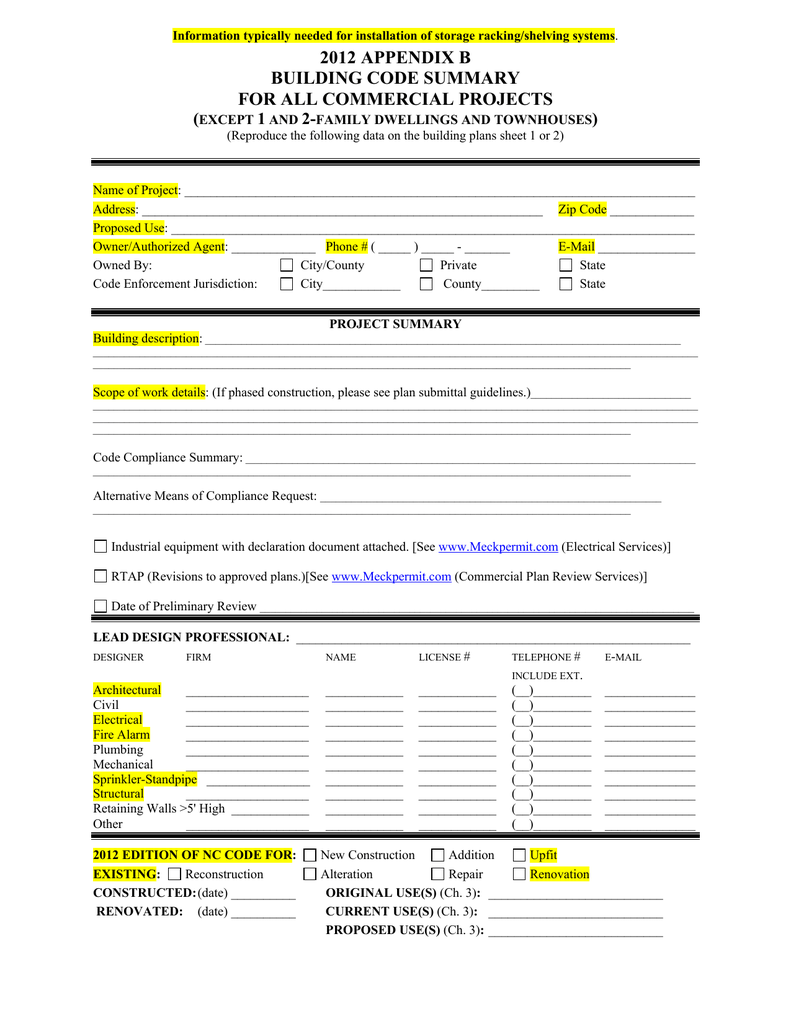 2012 APPENDIX B BUILDING CODE SUMMARY FOR ALL COMMERCIAL PROJECTS 2012 APPENDIX B BUILDING CODE SUMMARY FOR ALL COMMERCIAL PROJECTS