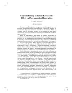 Unpredictability in Patent Law and Its Effect on Pharmaceutical Innovation I. I