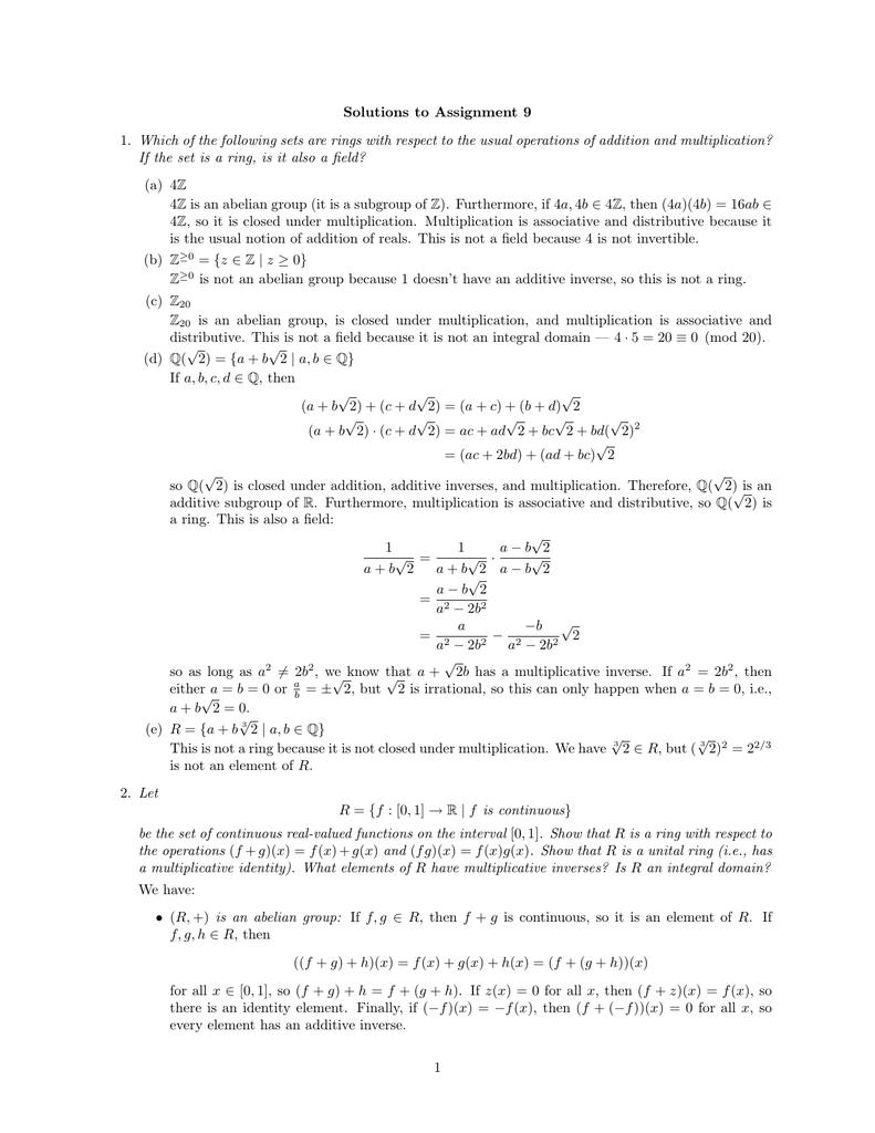 Solutions To Assignment 9